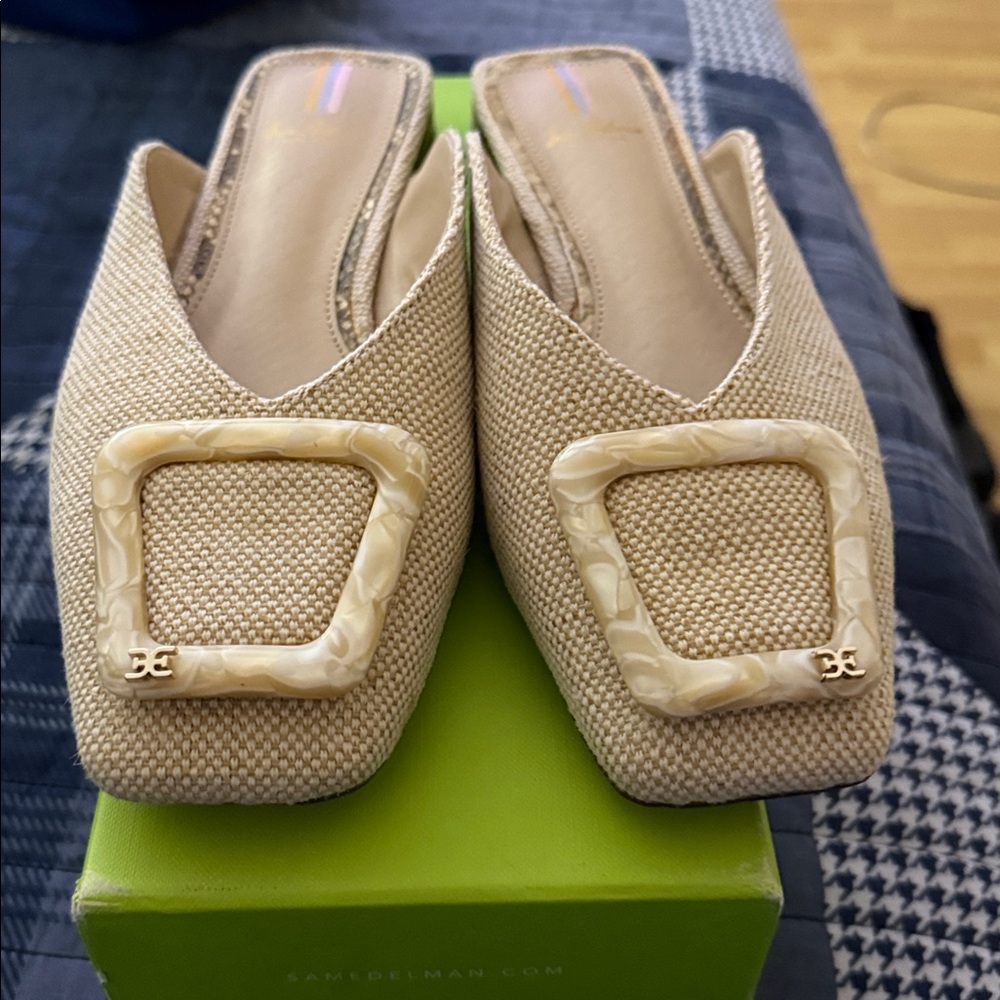 Sam Edelman Beige Woven Square-Toe Mules with Buckle